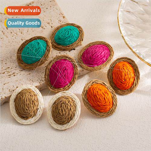 Europe summer new mixed color raffia earrings oval woven sim