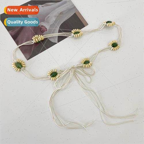 Women simple versatile thin belt hand-woven ethnic green bea