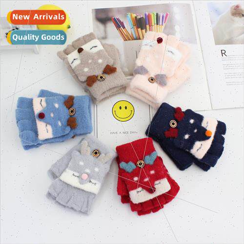Winter children gloves warm cute cartoon fox half finger fli