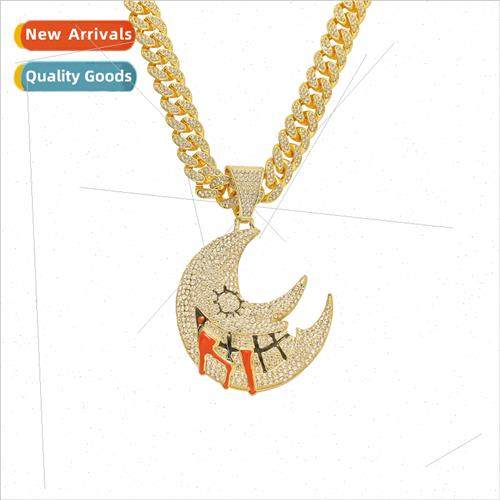 Europe Hip Hop Jewelry Moon Pendant Necklace ins full diamon