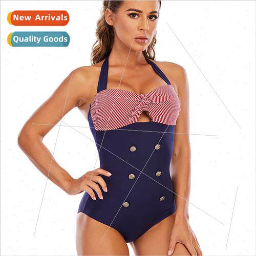 Plus ze Striped Retro Swimsu Europe Triangle One-piece Swims