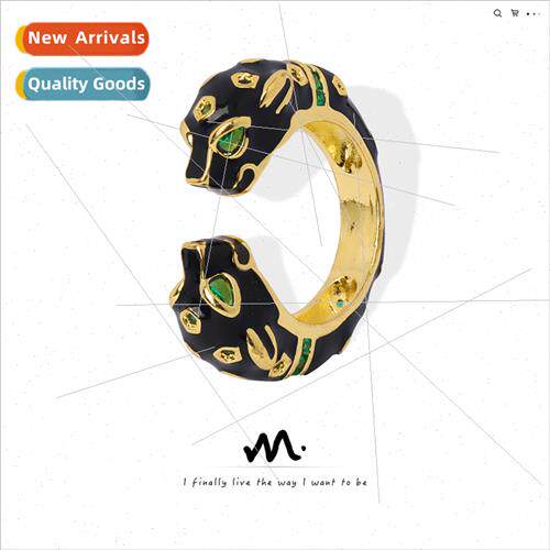 Copper black panther wh diamonds enamel glaze open ring fash