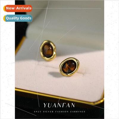 Amber Merad earrings women s925 silver round tiger eye stone