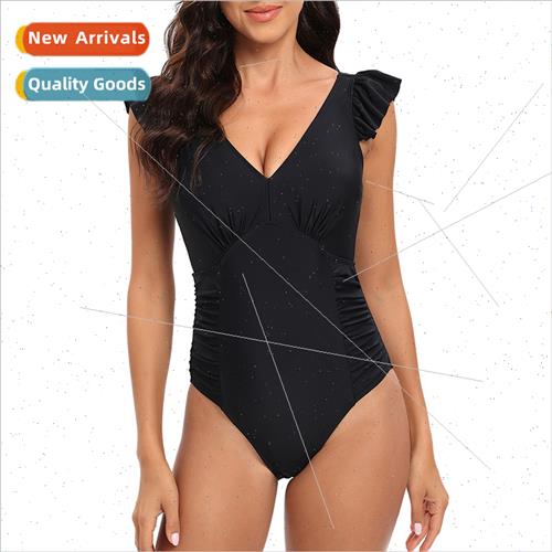2023 new swimsu one-piece swimsu plain sexy V-neck ruffles c