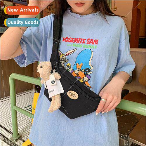 Canvas shoulder diagonal cross bag new ins cute bear chest b