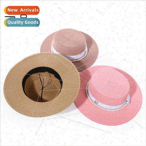 Straw hat female Spring Summer pearl M letters flat top bowl