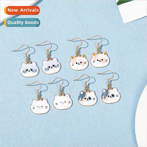 Europe DIY Cute Printed Cat Earrings Kten Head Alloy Oil Dri