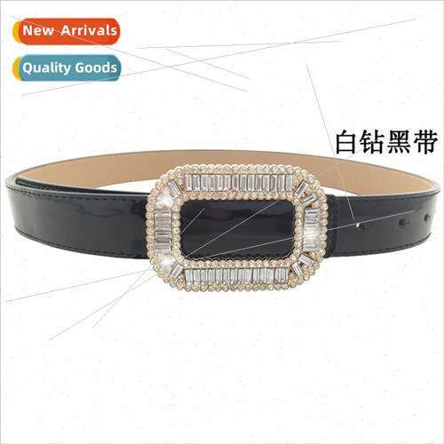Autumn Winter Women Diamond Cowhide Belt Pin buckle decorati