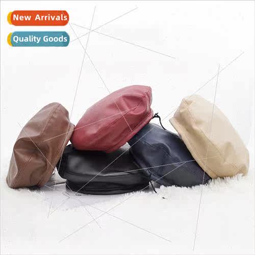 Autumn winter hat retro wild PU leather beret female tide fl