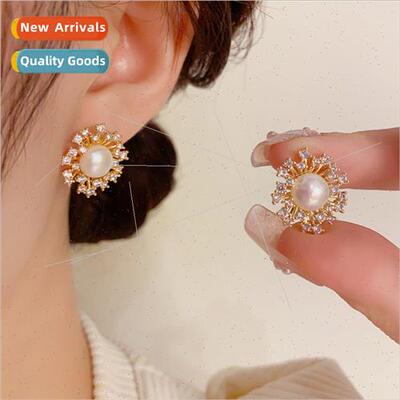 Fashion super flash sunflower pearl earrings s925 silver nee