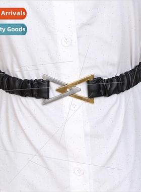 Pleated elastic thin belt women nd gold silver color collisi
