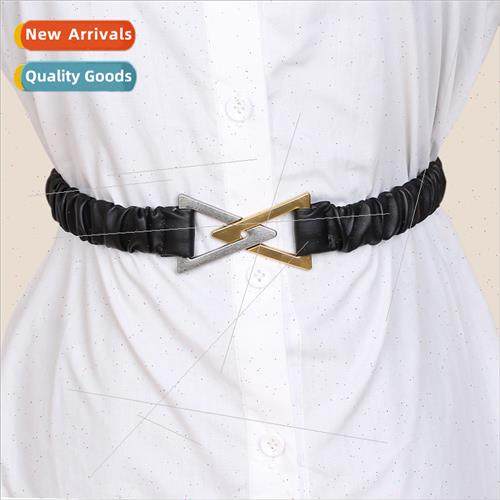 Pleated elastic thin belt women nd gold silver color collisi