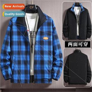 jackets spring autumn Standing plaid men sports windb collar
