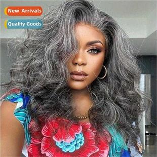 Europe wig women long curly hair wig oblique bangs gray whe