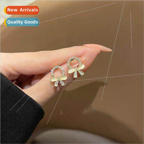S925 silver needle cat eye stone bow earrings female small d