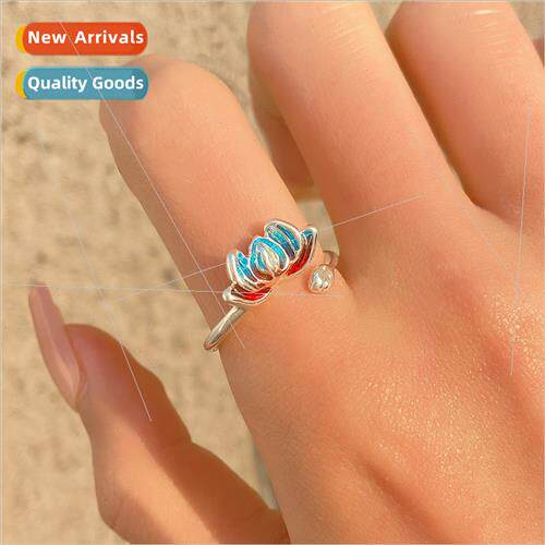 Vintage ethnic enamel burnt blue lotus ring female fashion l