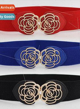 Flower-shaped buttons elastic waist belt women shirt dress K