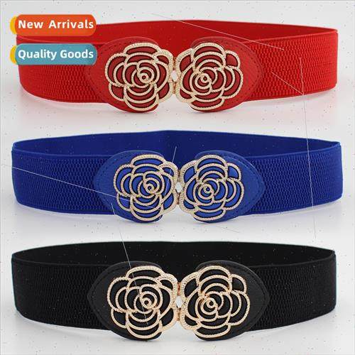 Flower-shaped buttons elastic waist belt women shirt dress K