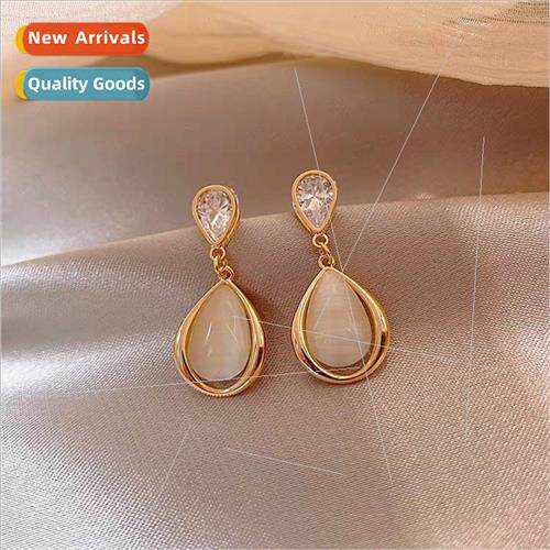 s925 silver needle cat eye stone water drop earrings female