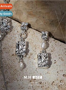 Quadrilateral pearl long earrings female asymmetric 925 silv