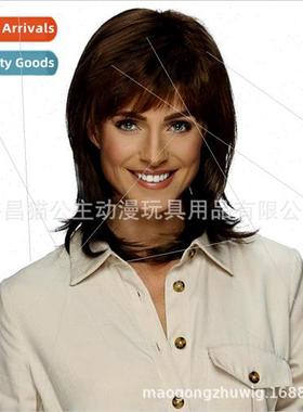 Women Wigs Medium Length Inner Button Angled Bangs High Temp