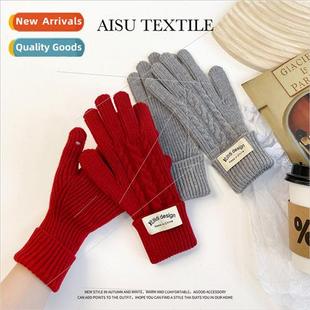Solid color gloves winter women open finger cell phone touch