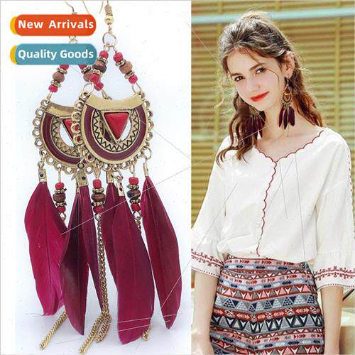 Europe bohemian retro tassel feather earrings seaside vacati