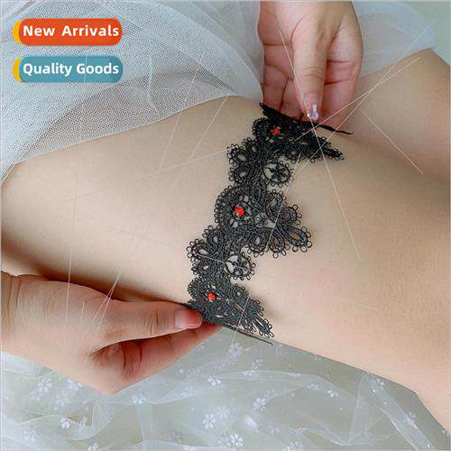 Sexy Black Lace Garter Red Rhinestone Embellished Western We