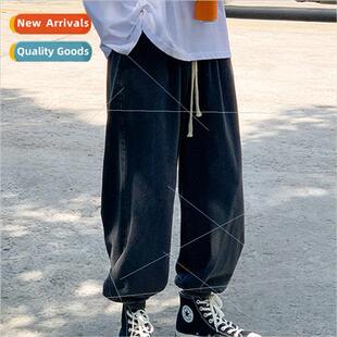 Mens pants ins Hong Kong elastic waist jeans loose wide-leg