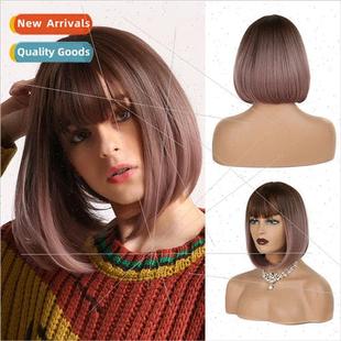 thin female short color vine gradient brown bob wig Europe