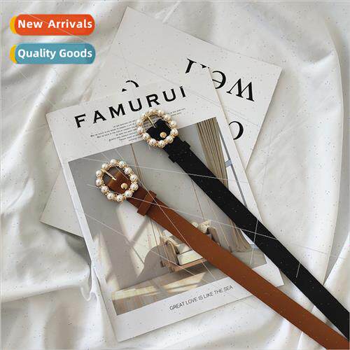 New chic belt female pearl round pin buckle HK flavor black