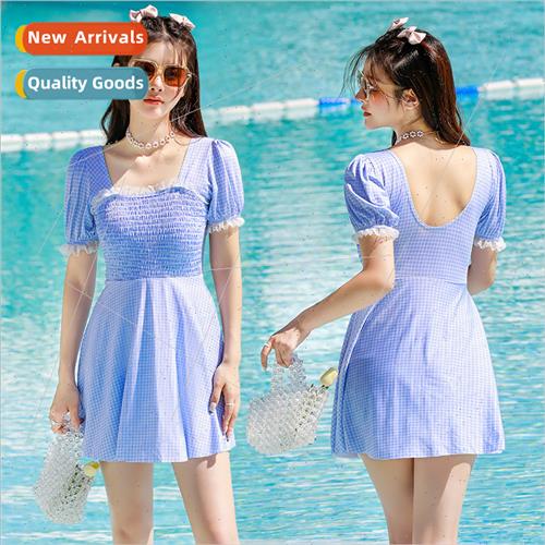 One-piece swimsu female Korean small fresh lace plaid temper