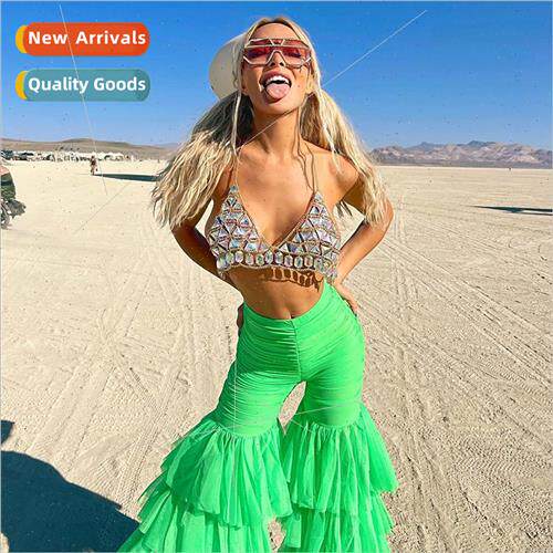 Europe Sexy Top Beach Color Blocking Bra Body Chain Set Mult