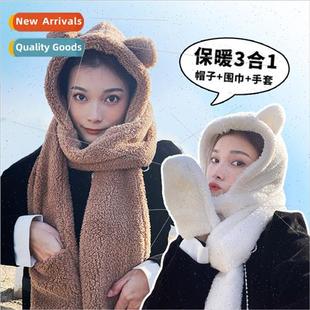 warm pro threePCS one female scarf all ear Bear plush hat