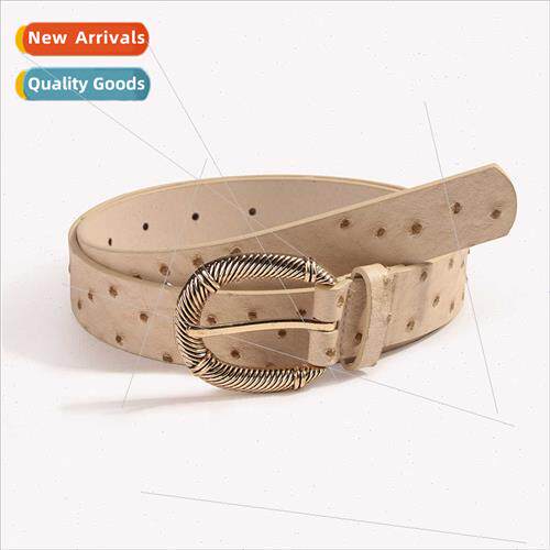 Beige ostrich pattern Retro carved buckle fashion women outd