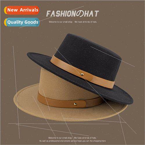 Spring Autumn warm tweed belt buckle flat top large brim hat
