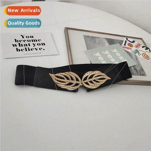 Golden leaf thin belt female leather elastic elastic narrow