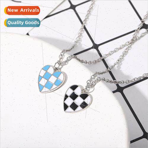 Peach heart metal oil drip necklace female black whe checker