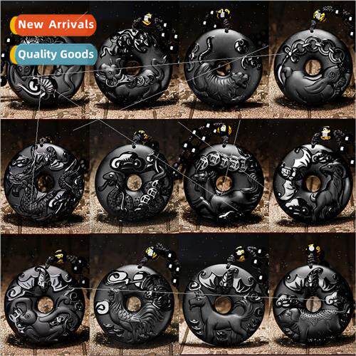 Natural Obsidian Zodiac Peace Pendant Necklace Rat Ox Tiger