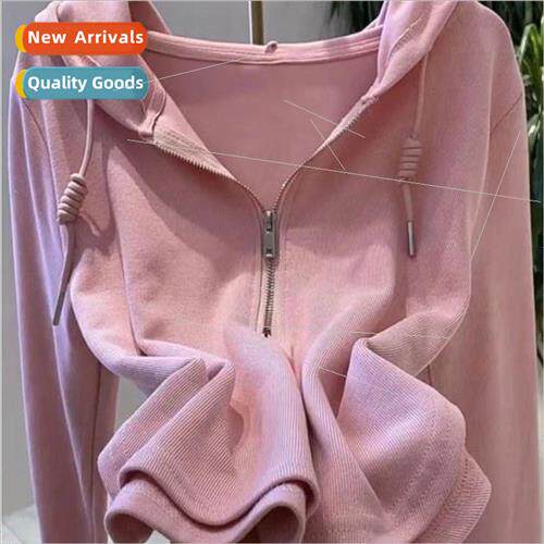 Pink 2023 new Korean  zipper hooded long-sleeved t-shirt fem