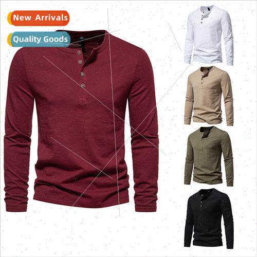2023 New Men Solid Color Four Button Henley Long Sleeve T-Sh
