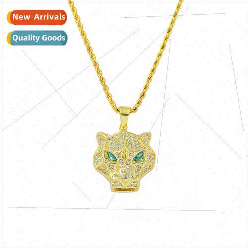 Hip Hop Diamond Encrusted Green Eyes Leopard Head Pendant Ne