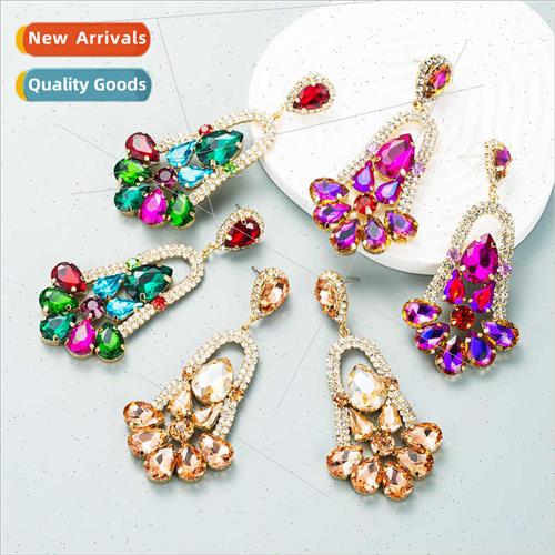 Europe earrings big fashion geometric flowers color rhinesto - 实物图