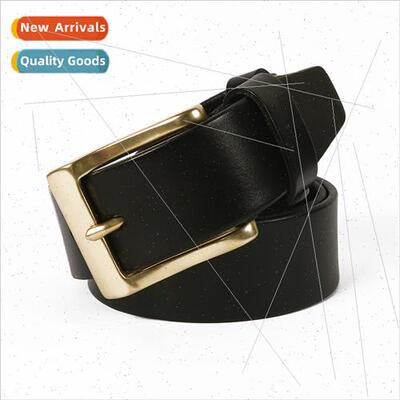 Men Cowhide Belt Copper Pin Buckle Black Polished Cowboy Bel