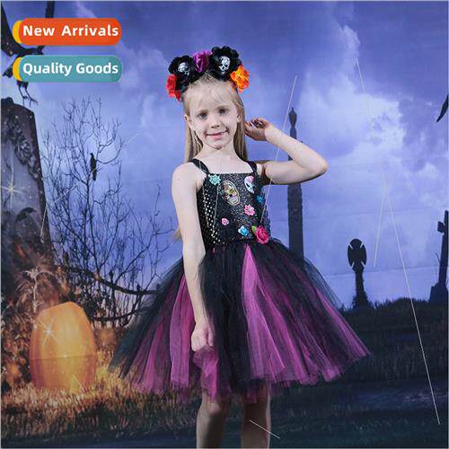 Europe Child Pumpkin Halloween Party Costume Bone Flower Gir