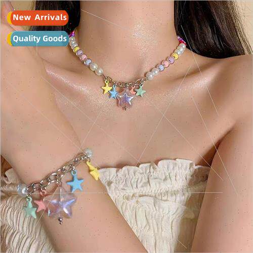 Dopamine colorful beaded pentagram star pendant necklace wom