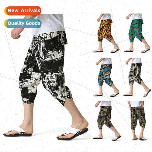 Men Haren 7 pants wide leg men 7 pants summer linen pants K0