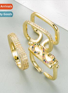 2021 Europe new geometric open ring copper micro-set zirconi