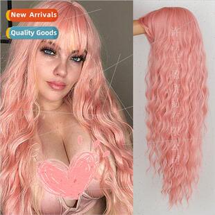Europe Women Wigs Pink Bangs Water Wave Corn Hot Long Curly