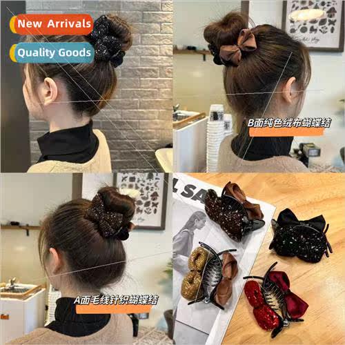 Knted bow marble head scrunchies velvet double-sided high po
